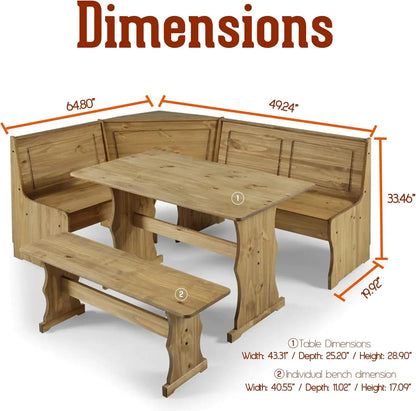 Ensemble de salle à manger d'angle en bois 64,8" L x 19,9" P x 33,4" H - Ensemble table et banc de ferme, meubles de ferme pour salle à manger - C