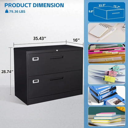 2 Drawer File Cabinet with Lock Office Home Steel Lateral Filing Cabinet for Office with Lockable Wide Metal Cabinet