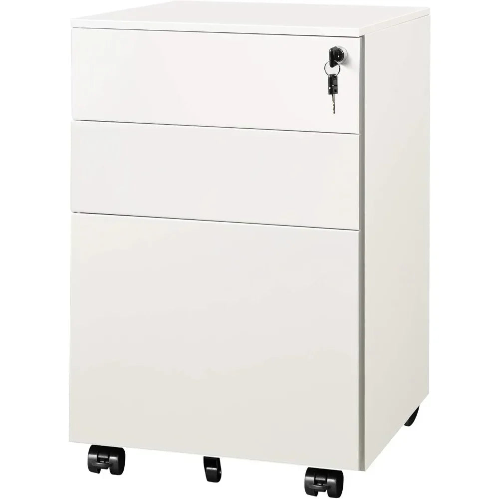 Archivador con cerradura, pedestal rodante de 3 cajones debajo del escritorio de oficina, completamente ensamblado excepto ruedas, color blanco