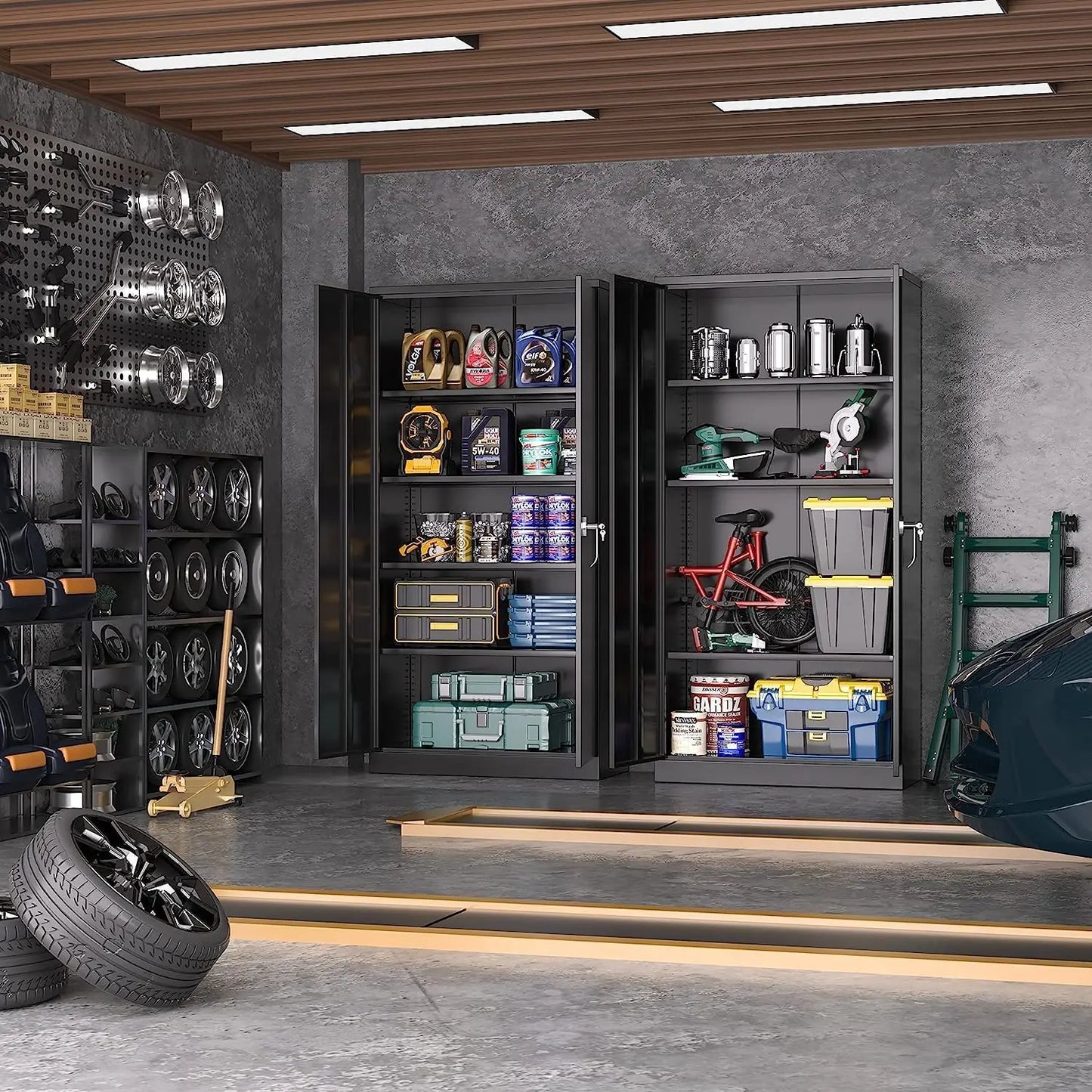 Metal Storage Cabinets 72” Black Garage Steel Storage Cabinet with Doors and Shelves, Metal Tool Cabinet, Steel File