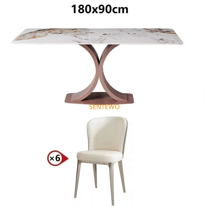 Mesa de comedor de lujo SENTEWO con losa de roca y silla de acero inoxidable con base de oro rosa y mármol sintético, muebles para cocina