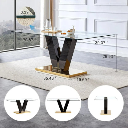 Juego de mesa de comedor para 8 personas, juego de mesa de comedor de vidrio dorado, mesa y 8 sillas de comedor tapizadas de cuero sintético, escritorio de comedor grande de 71''