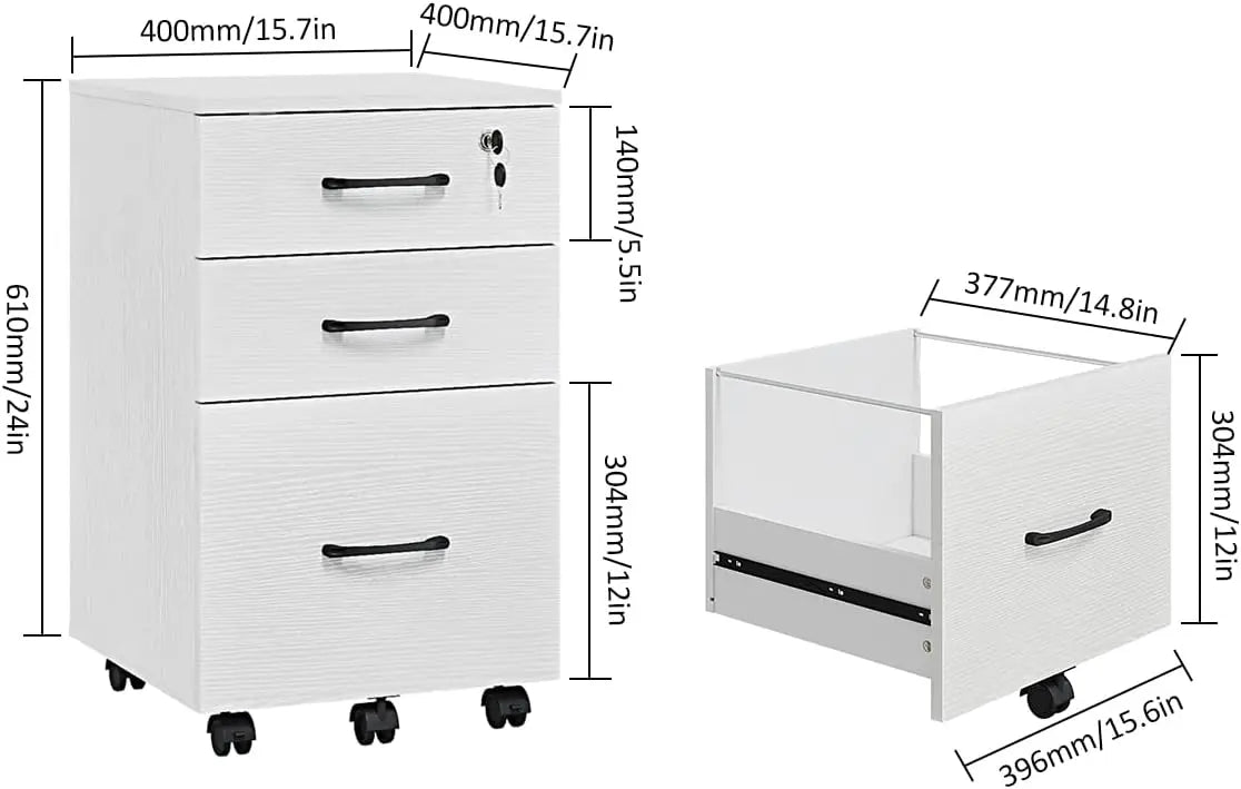 NOUVEAU Classeur mobile en bois à 3 tiroirs sous le bureau, tiroirs de rangement, petit classeur pour le bureau à domicile (blanc)