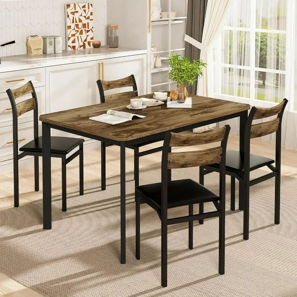 Juego de mesa de comedor para 4, mesa de comedor de 43,3" con 4 sillas tapizadas de cuero sintético, juego de mesa y sillas de cocina de madera moderna