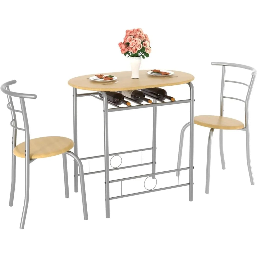 3 Piece Small Round Dining Table Set for Kitchen Breakfast Nook, Wood Grain Tabletop with Wine Storage Rack, Save Space, 31.5"