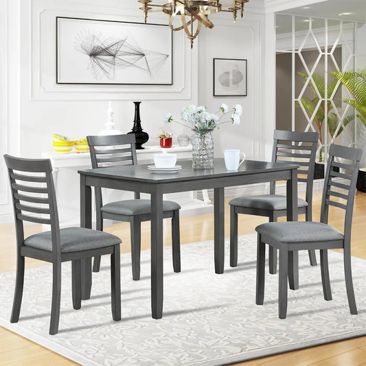 Juego de mesa de comedor de 4 piezas, mesa rectangular y 4 sillas tapizadas, juego de mesa de comedor de 5 piezas para cocina, comedor, sala de estar, color gris