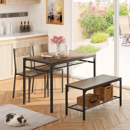 Juego de mesa de cocina moderna y 2 sillas para 4 personas con banco, juego de mesa de comedor rectangular de 4 piezas con almacenamiento para espacios pequeños, apartamentos