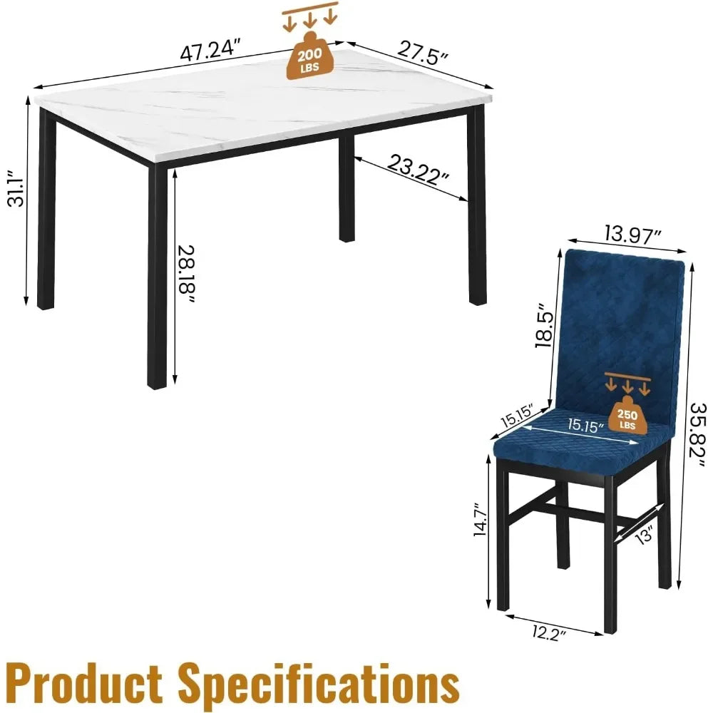 Ensemble de table à manger pour 4 personnes, tables de salle à manger en faux marbre avec 4 chaises de salle à manger rembourrées en velours, ensemble table et chaises de cuisine