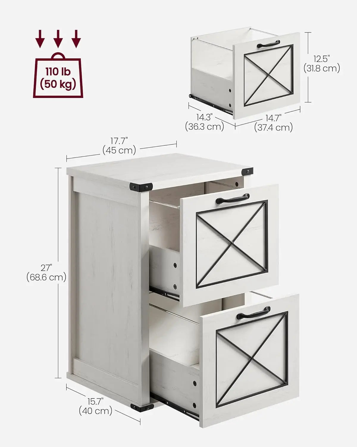 File cabinet with 2 file drawers, printer stand, suitable for A4, letter size, hanging folder, modern farmhouse style