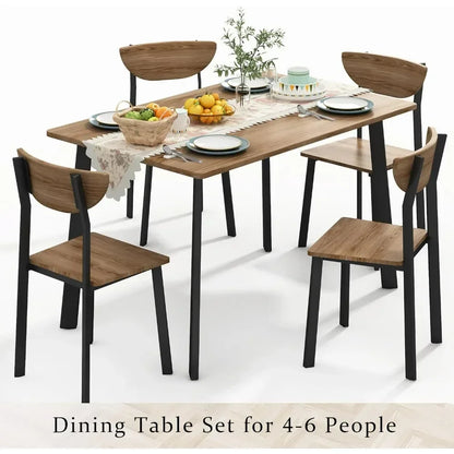 Modern Rectangular Dining Room Table and Chairs Set for 4, Brown Wooden Metal Table Set for Family Dinner, Party, and Work