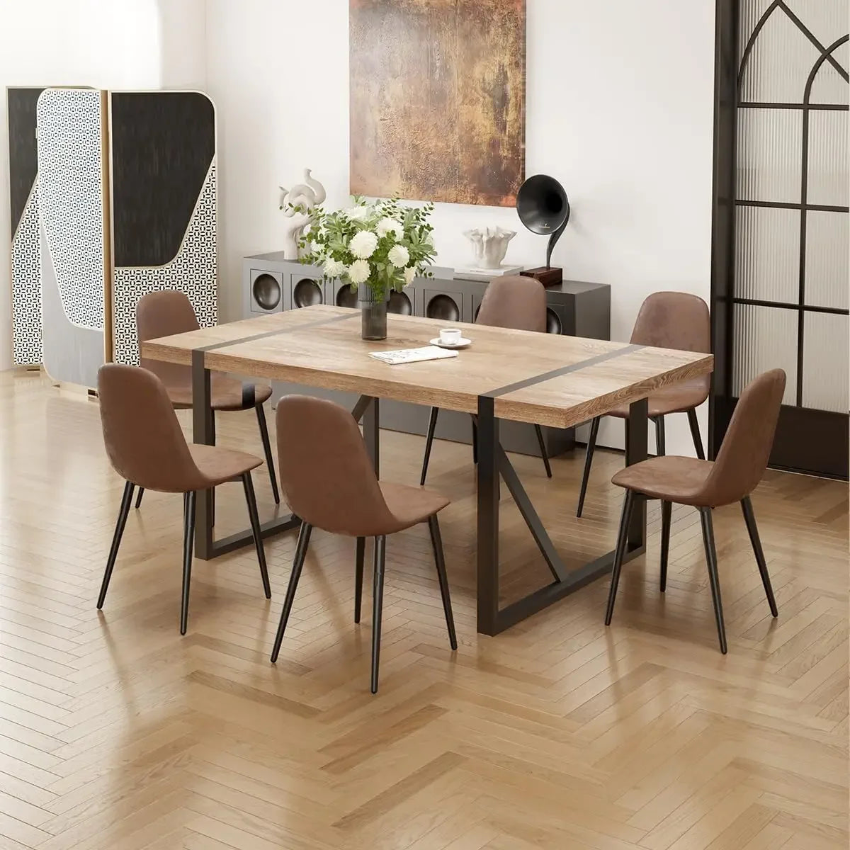 Juego de mesa de comedor de 7 piezas 6, mesa de comedor rectangular moderna de madera de 71'' y sillas de comedor de tela 6, mesa de cocina y sillas 6, ideal