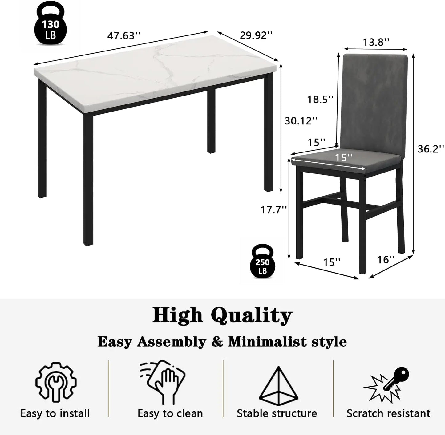 Juego de mesa de comedor para 4, juego de mesa de comedor de 5 piezas de mármol con 4 sillas con marco de metal de terciopelo para cocina, bar, sala de estar