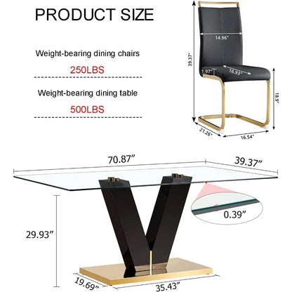 Juego de mesa de comedor para 8 personas, juego de mesa de comedor de vidrio dorado, mesa y 8 sillas de comedor tapizadas de cuero sintético, escritorio de comedor grande de 71''