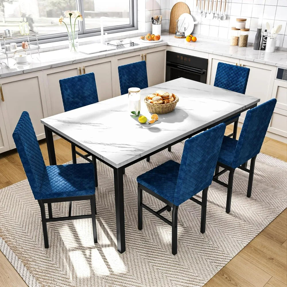 Ensemble de table à manger, grande table de cuisine moderne 7 pièces et chaises avec cadre en métal, ensemble de table de salle à manger avec 6 chaises en velours