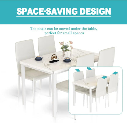 Juego de mesa de comedor para 4, mesa de cocina de mármol y sillas para 4, cómodas sillas de cuero sintético, juego de mesa de comedor para espacios pequeños