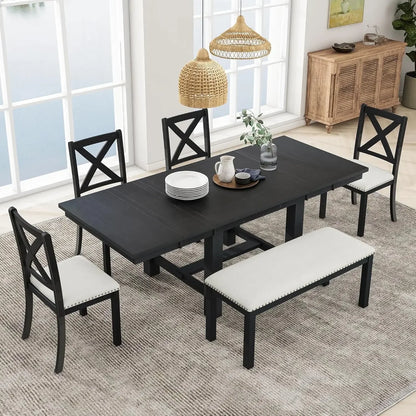 Juego de mesa de comedor para 6 personas, mesa de comedor rectangular con 4 sillas tapizadas y un banco, juego de sillas de mesa de cocina de madera