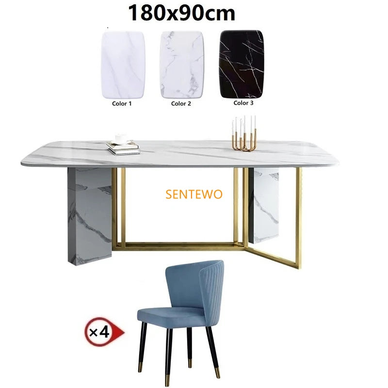 SENTEWO Table à manger de cuisine en marbre de luxe italien avec 6 chaises Ensemble de meubles à cadre doré en acier inoxydable Cadeiras De Jantar