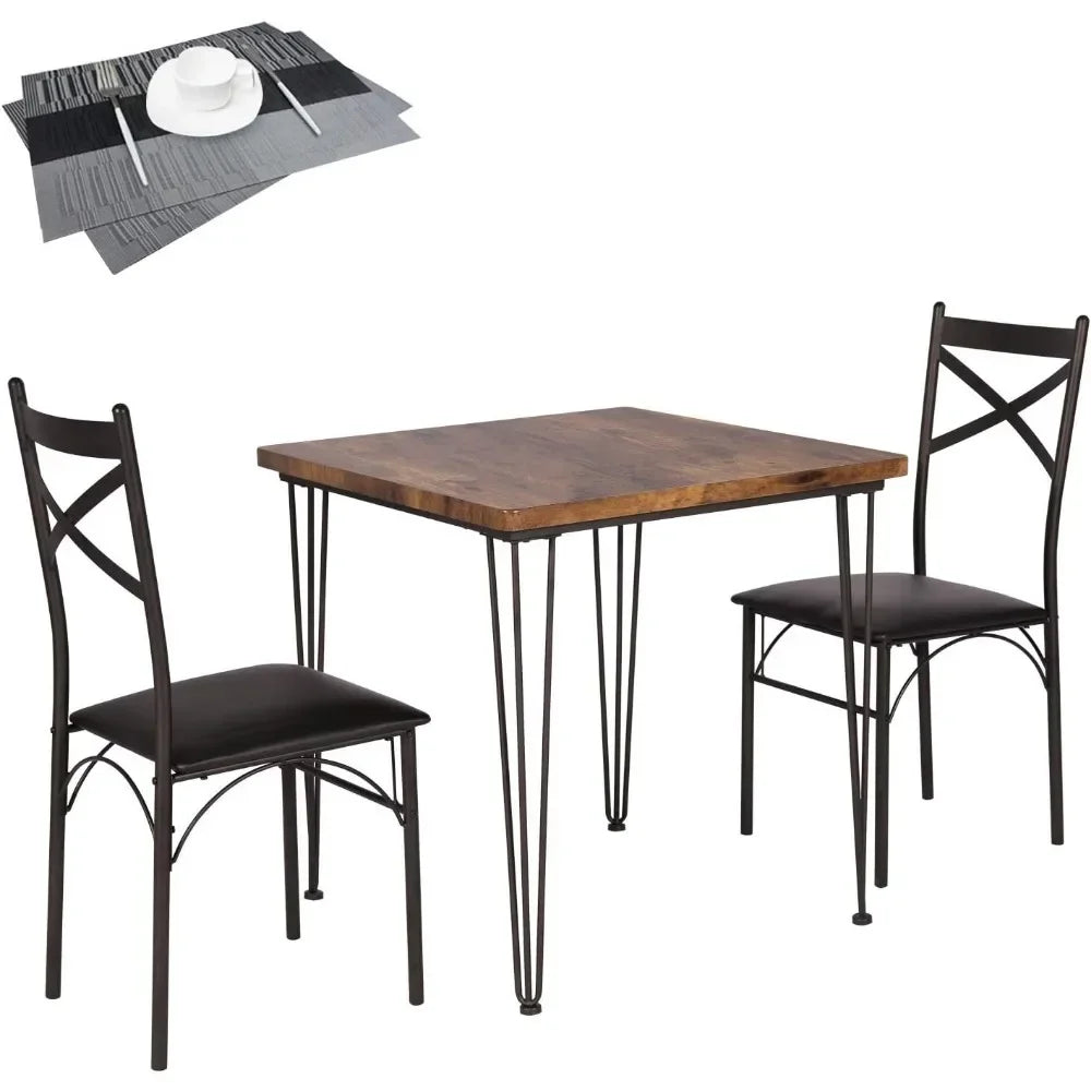 Conjunto de 3 sillas con cojines de PU de estilo industrial moderno para cocina y sala de estar para espacios pequeños, mesa de comedor para 2, marrón retro