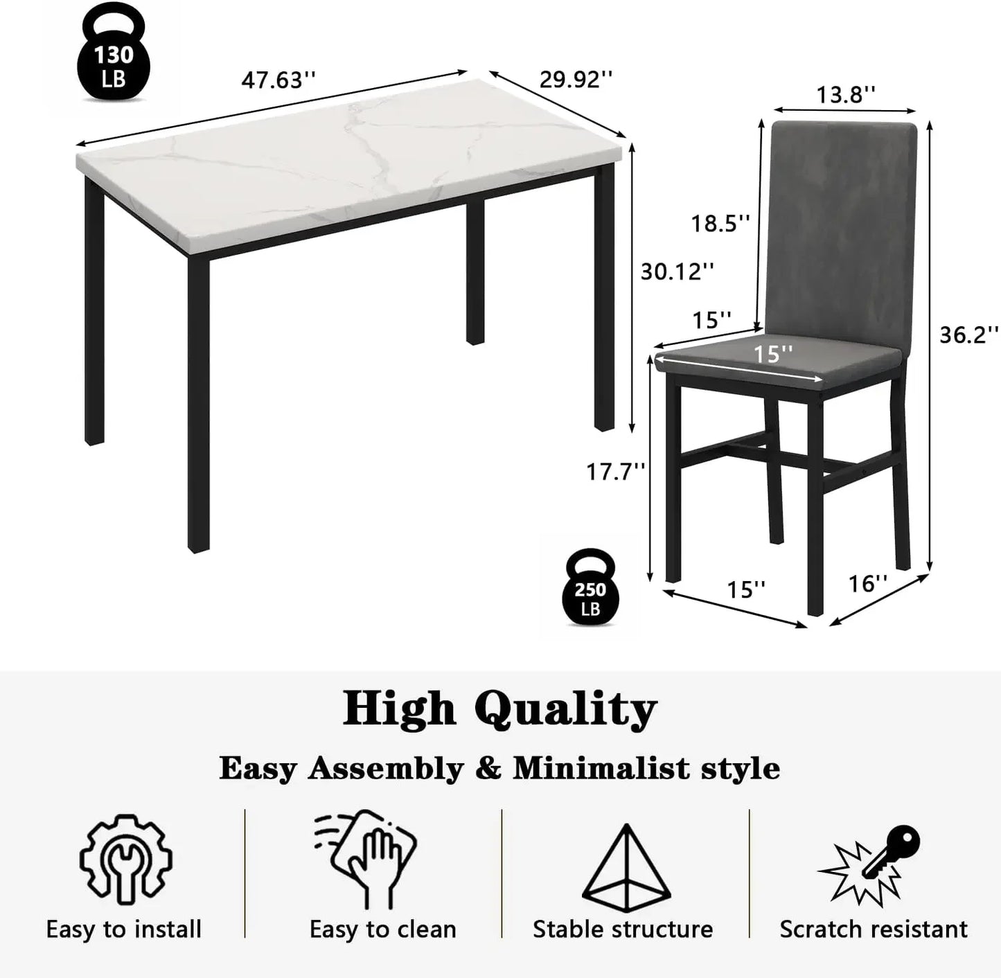 Juego de mesa de comedor MIERE para 4, juego de mesa de comedor de mármol de 5 piezas con 4 sillas con marco de metal de terciopelo para cocina, bar y sala de estar