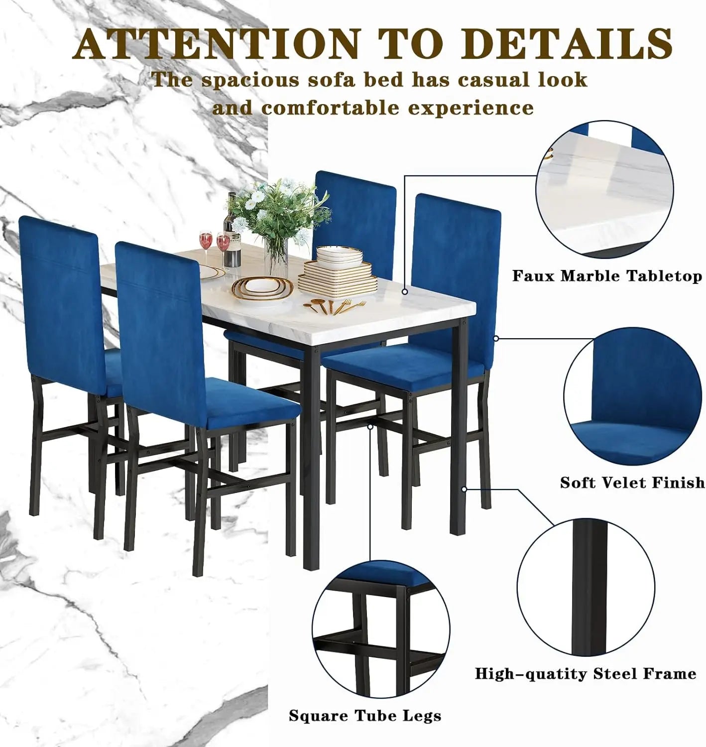 Ensemble de table à manger pour 4 personnes - Table de cuisine peu encombrante et chaises pour 4 personnes, plateau de table en faux marbre de style moderne et 4 chaises en velours bleu