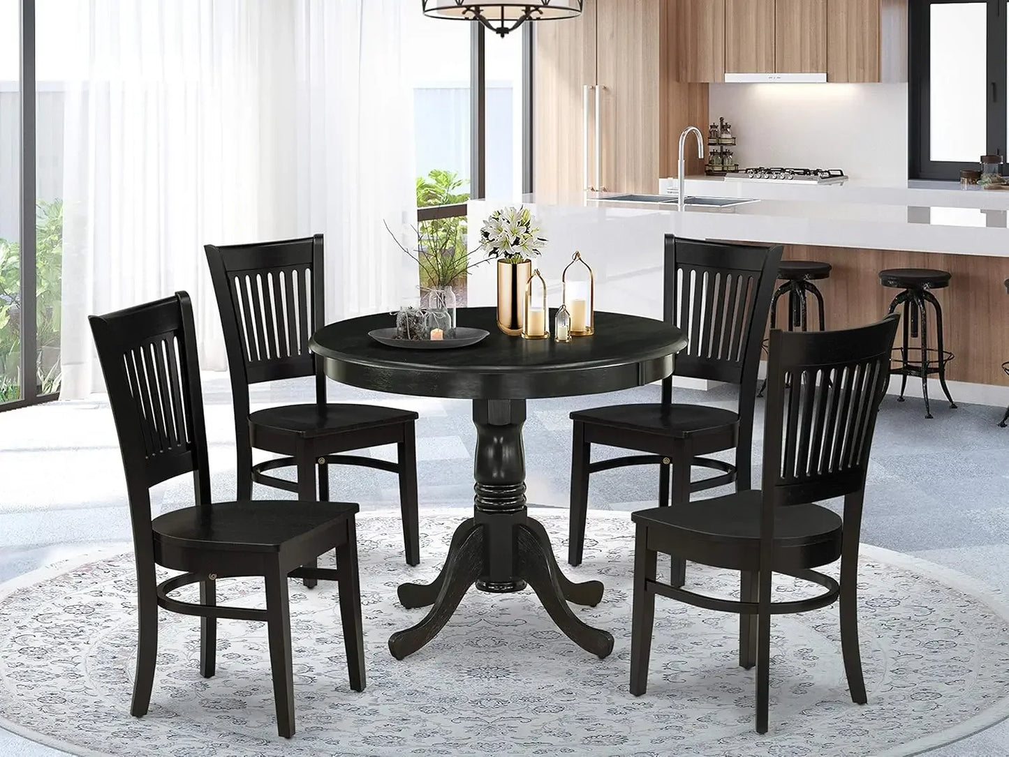 3 Piece Dining Room Furniture Set Contains a Round Dining Table with Pedestal and 2 Wood Seat Chairs, 36x36 Inch, Linen White