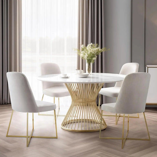 Well Woven Rachelle Velvet Modern Dining Chairs Set of 4 - Ivory Comfy Seat with Gold Metal Legs - Perfect for Dining Room