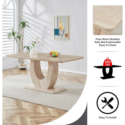 Juego de mesa de comedor de madera moderna para 6 personas con tablero de imitación mármol y 6 sillas tapizadas de cuero PU, veta de madera beige