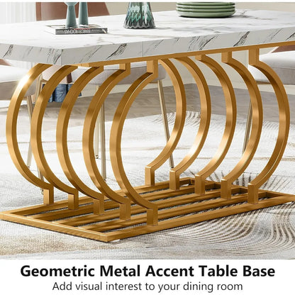 Modern Dining Table, 63 inch Faux Marble Wood Kitchen Table for 6 People, Rectangular Dinner Room Table with Geometric Frame