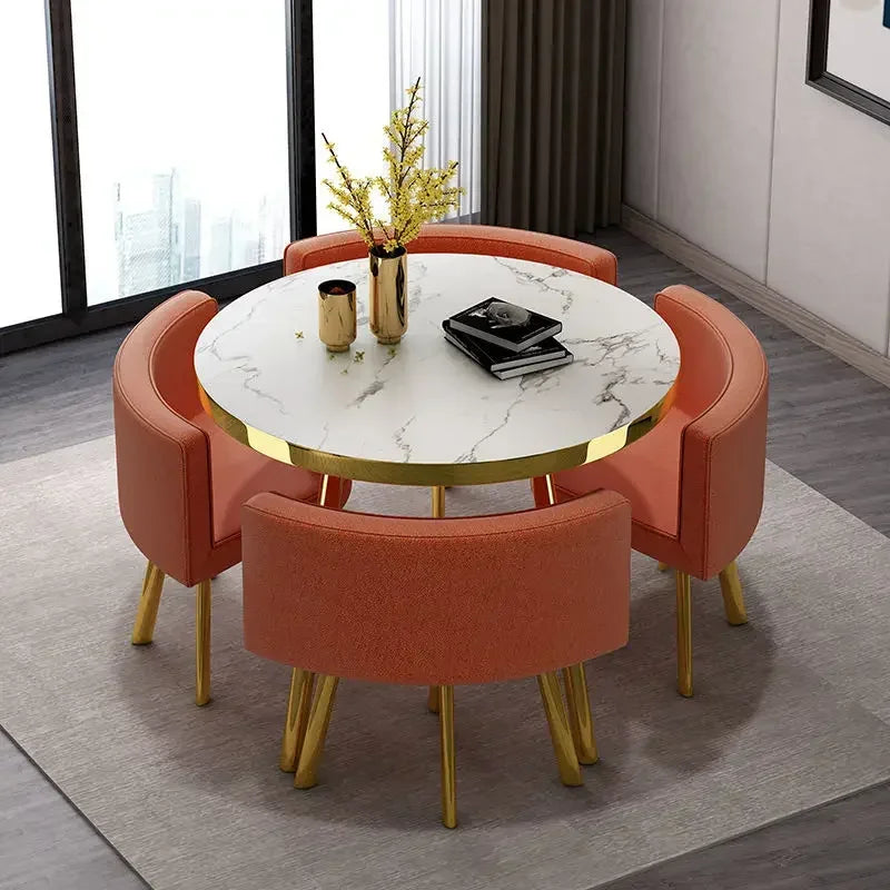 Marble Round 80cm Dining Tables Set 4 Chairs Modern Center Wood Table Luxury White Muebles Para El Hogar Apartment Furniture