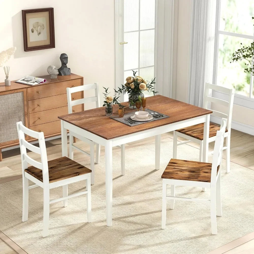 Juego de mesa de comedor para 4 personas, madera maciza, juego de comedor de granja con patas de madera de caucho, juego de mesa y sillas de comedor modernas (marrón + gris claro)