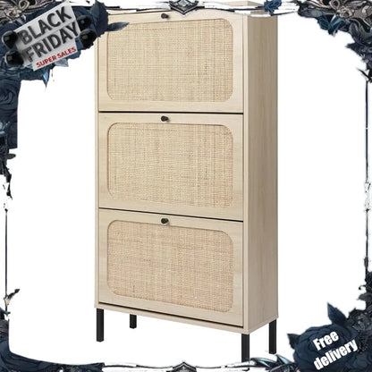 Natural Rattan Cabinet with 3 Flip Drawers, Free Standing Modern 3-Tier Shoe Storage Rack for Heels, Slippers