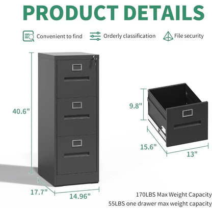 3 Drawer File Cabinet,Metal Filing Cabinets with Lock,Black Vertical File Cabinet for Home Office,Heavy Duty Metal Storage