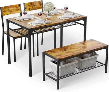 Juego de mesa de cocina moderna y 2 sillas para 4 personas con banco, juego de mesa de comedor rectangular de 4 piezas con almacenamiento para espacios pequeños, apartamentos