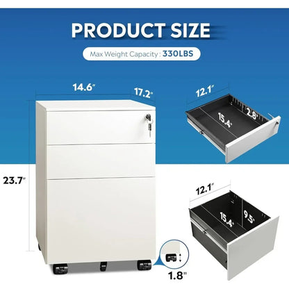 Archivador con cerradura, pedestal rodante de 3 cajones debajo del escritorio de oficina, completamente ensamblado excepto ruedas, color blanco