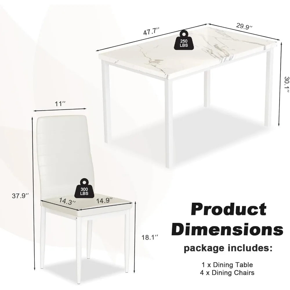 Juego de mesa de comedor para 4, mesa de cocina de mármol y sillas para 4, cómodas sillas de cuero sintético, juego de mesa de comedor