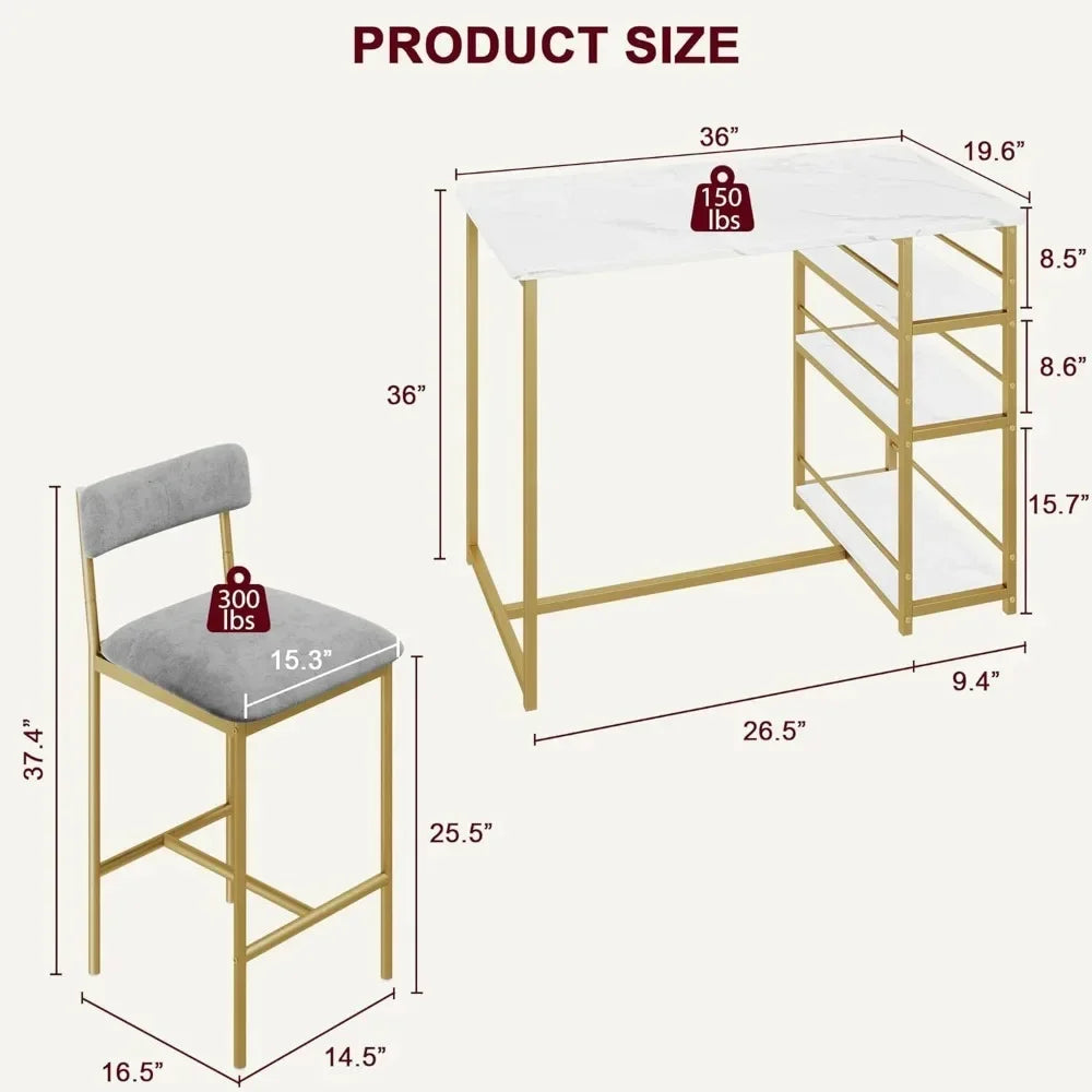 Juego de mesa de comedor para 2, mesa y sillas tapizadas para 2, con 3 estantes de almacenamiento, juego de mesa de cocina de barra de altura de mostrador de 3 piezas