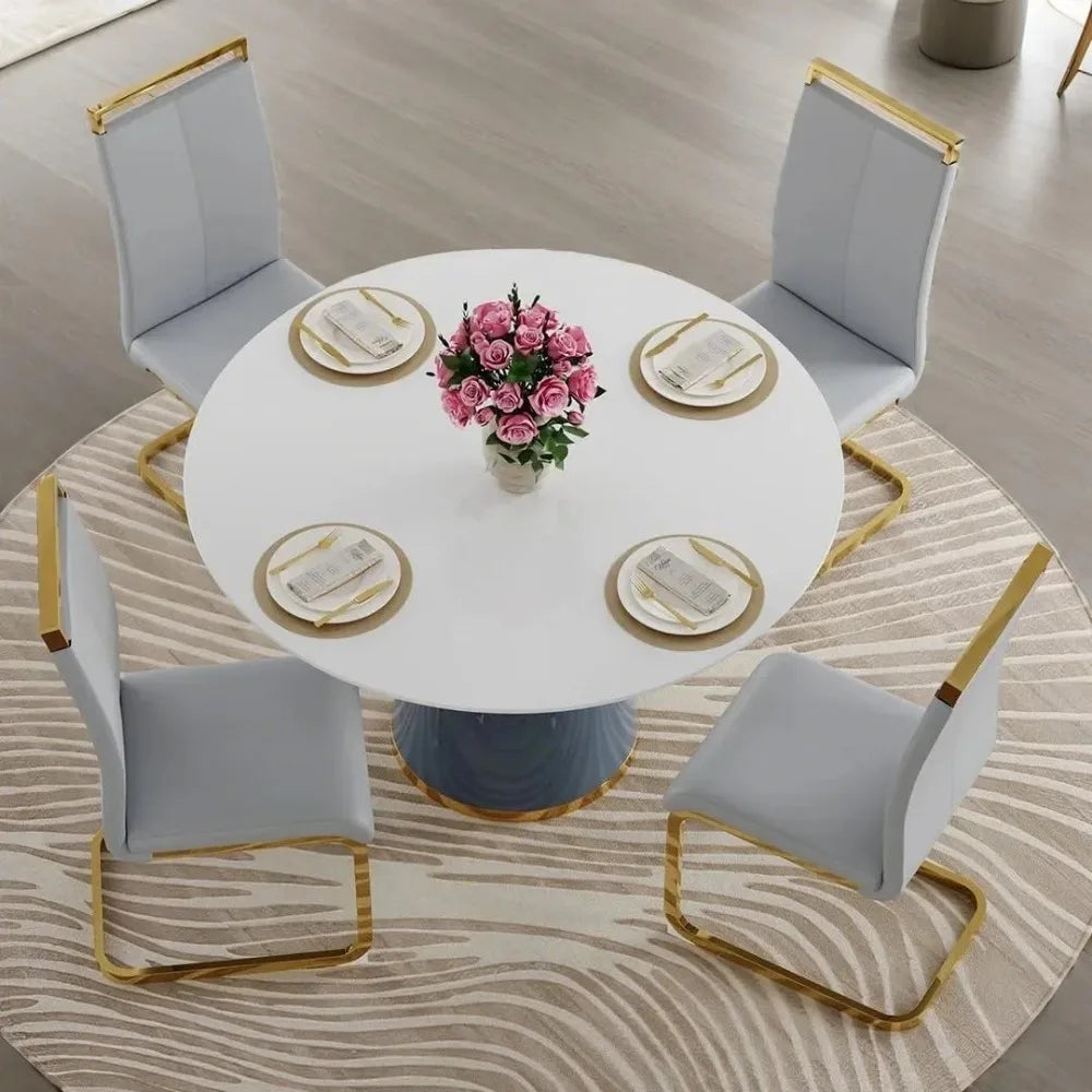 Juego de mesa de comedor redonda para 4 personas, juego de mesa de comedor redonda de imitación de mármol para 4 personas con tablero de MDF y 4 sillas de cuero sintético