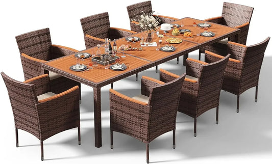 Juego de mesa y sillas de ratán para exteriores con cubierta de madera de acacia para patio, jardín y terraza