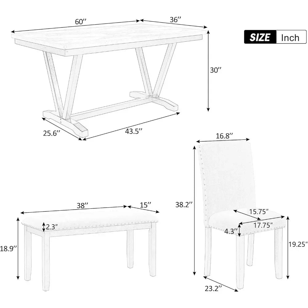 Juego de mesa de comedor para 6 personas, mesa de comedor rectangular con 4 sillas tapizadas y un banco, juego de sillas de mesa de cocina de madera