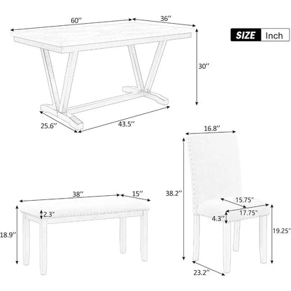 Juego de mesa de comedor para 6 personas, mesa de comedor rectangular con 4 sillas tapizadas y un banco, juego de sillas de mesa de cocina de madera