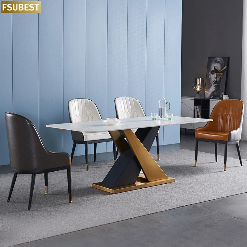 Mesa de comedor y sillas de lujo modernas para 8 personas, mesa de comedor rectangular de acero inoxidable y mármol