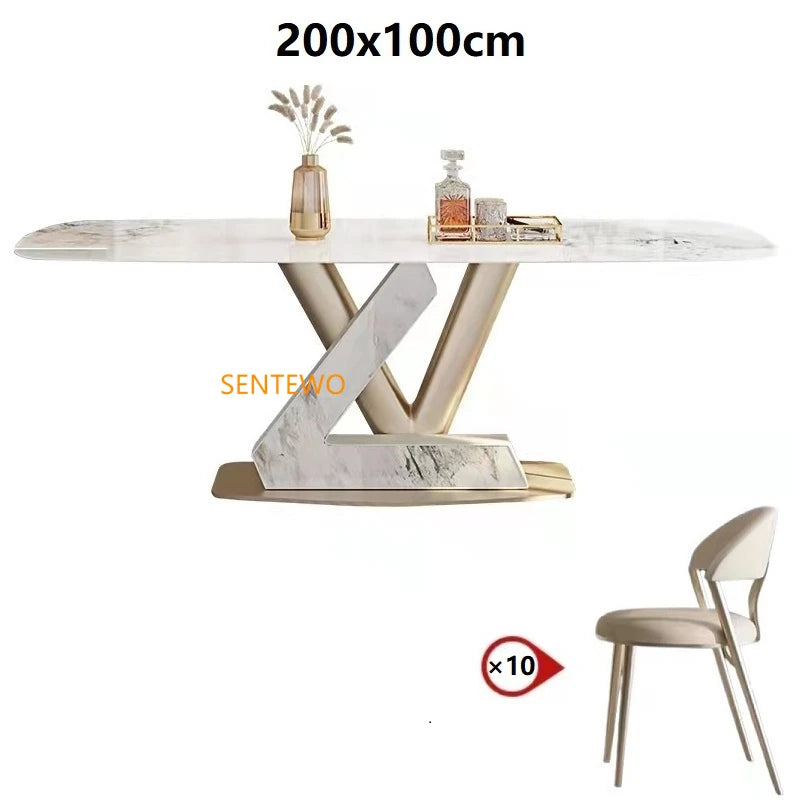 SENTEWO Tables à manger de luxe en marbre italien Ensemble de 4 chaises en métal émaillé titane Base dorée Meubles de maison Chaises Salle