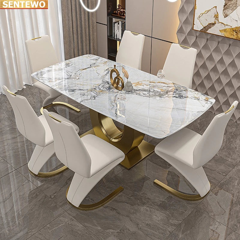 Juego de mesa de comedor de lujo de diseñador con losa de mármol y 8 sillas, mesa de comedor, muebles de mármol, base de acero inoxidable dorado