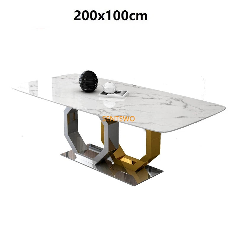 Ensemble de table à manger en marbre de luxe SENTEWO avec 6 chaises de salle à manger en métal émaillé au titane et cadre doré, meubles de maison, meubles de cuisine