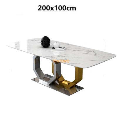 Ensemble de table à manger en marbre de luxe SENTEWO avec 6 chaises de salle à manger en métal émaillé au titane et cadre doré, meubles de maison, meubles de cuisine