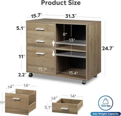 3-Drawer wooden filing cabinet, mobile horizontal filing cabinet, printer rack with open storage rack for home office