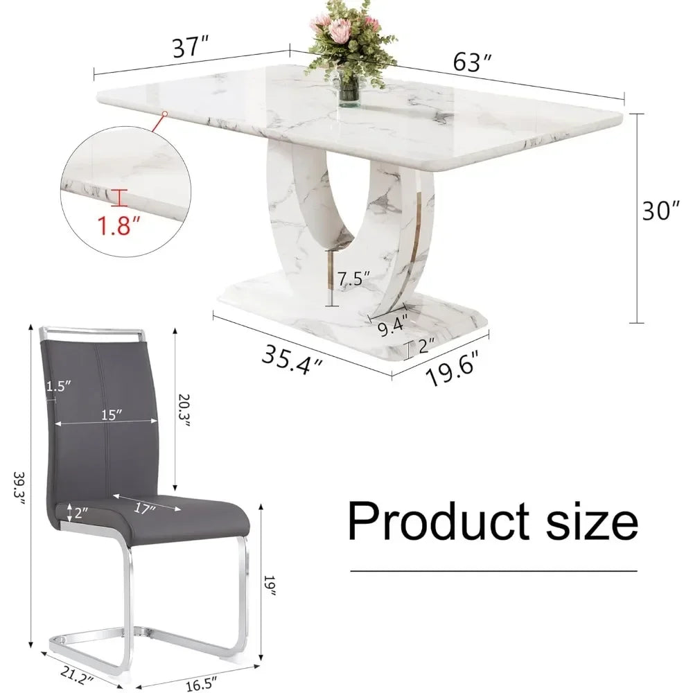 Juego de mesa de comedor moderna para 6 personas, juego de mesa de cocina rectangular con tablero de mármol sintético y 6 sillas tapizadas de cuero sintético