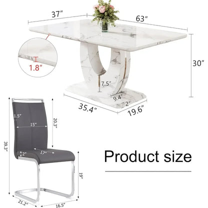 Juego de mesa de comedor moderna para 6 personas, juego de mesa de cocina rectangular con tablero de mármol sintético y 6 sillas tapizadas de cuero sintético