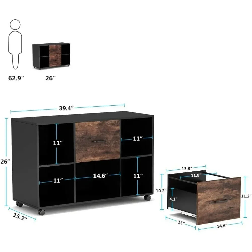 2 Drawer File Cabinet, Large Mobile Lateral Filing Cabinet for Letter Size,Printer Stand with Storage Shelves and Rolling Wheels