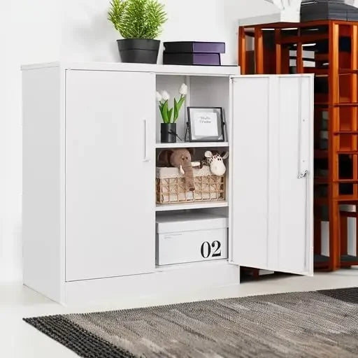 Metal Storage Cabinets with Lock, Small Locker Organizer Steel Cabinets, Adjustable Layers Shelves 2 Doors for Home, Office